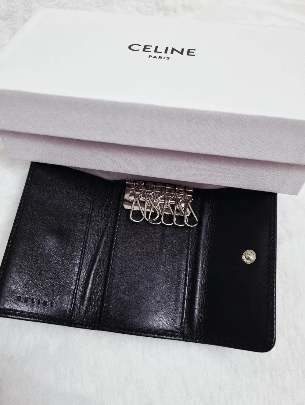 Celine Black Triomphe Patent Leather Card & Key Holder